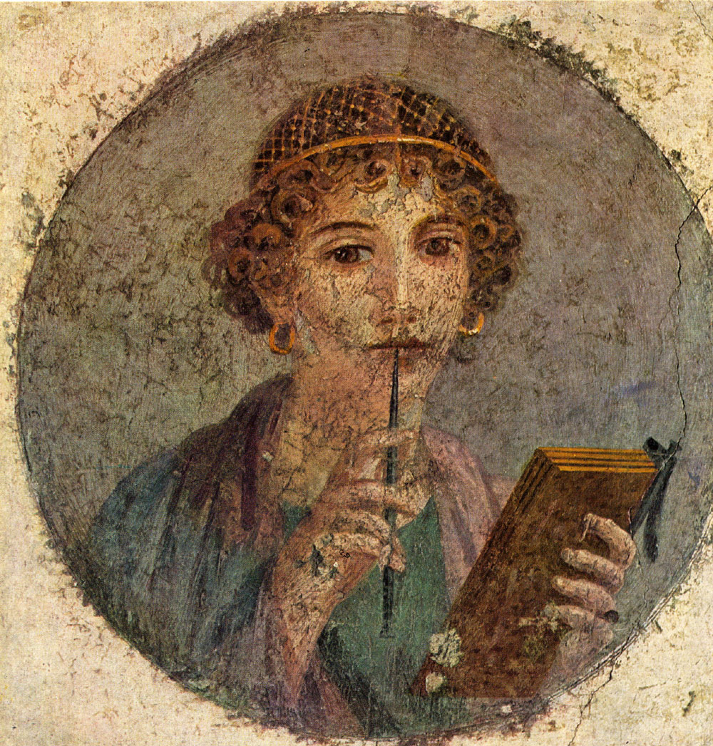 Fresko aus Pompeji. Beachte die Wachstafeln oder den Codex.